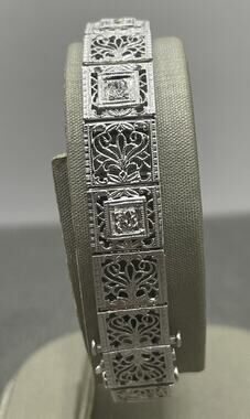 14K White Gold Art Deco Style Filigree Square Links W/ Diamonds Bracelet (26092)